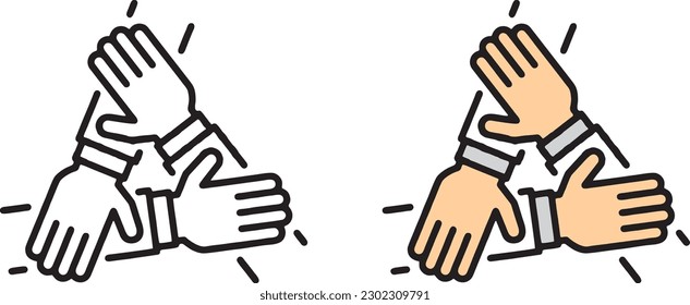 three hands support each other, concept of teamwork, icon vector. eps 10