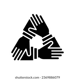 Three hands support each other. Collaboration teamwork thin line solid. Support, Business friendship and partnership sign. unity in diversity. Vector illustration. Design on white background. EPS10