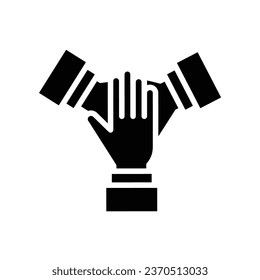 Three hands support each other. team hands together icon. Business concept. teamwork partnership. Solid, Simple pictogram stroke. vector illustration Design on white background EPS10