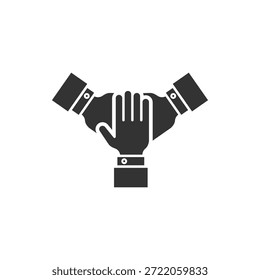 Three hands support each other. team hands together icon. Business concept. teamwork partnership. Solid, Simple pictogram stroke. vector illustration Design on white background EPS10