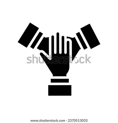 Three hands support each other. team hands together icon. Business concept. teamwork partnership. Solid, Simple pictogram stroke. vector illustration Design on white background EPS10