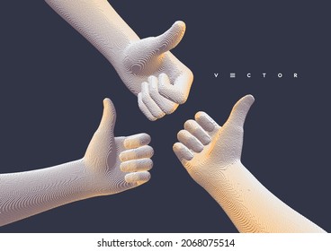 Three hands with thumbs up. Sign success and nice. Concept positive thinking. Voxel art. 3D vector illustration.