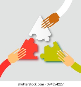 Three hands together team work. Hands putting puzzle pieces. Teamwork and bussiness concept. Hands of different colors, cultural and ethnic diversity. Vector illustration