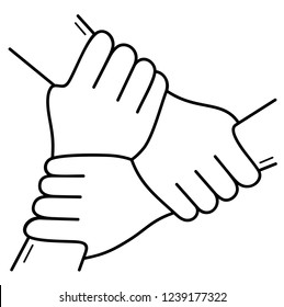 Three Hands Together. Vector Flat Outline Icon Illustration Isolated On White Background.