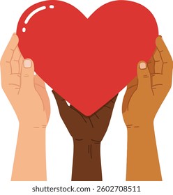 Three hands of varying skin tones support a bright red heart, symbolizing love and unity in a friendly and inclusive atmosphere.