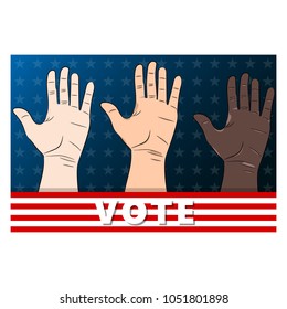 Three hands voting.Hand palms of different races.Human rights banner.Symbol of people equality.