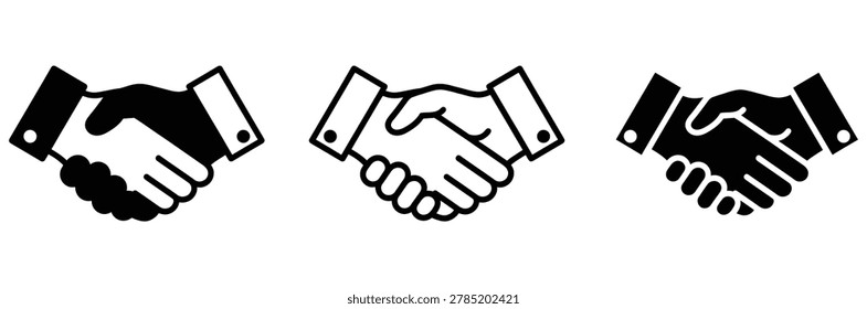 Three handshake icons in black and white, symbolizing partnership, agreement, and business deals