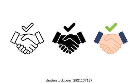 Three handshake icons featuring check marks in outline black and colored versions