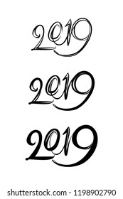 Three handwriting figures 2019 to the calendar of the coming year. Imitation of writing with a brush and ink. Vector template design. 