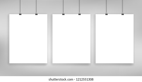 Three hanged poster mockup. Vector letter size template on gray background