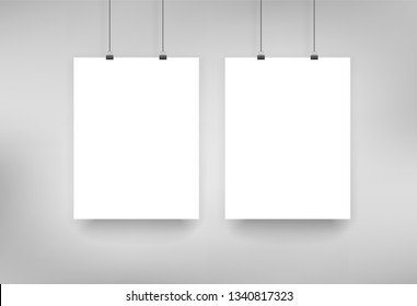 Three hanged poster mockup. Vector letter size template on white gray background