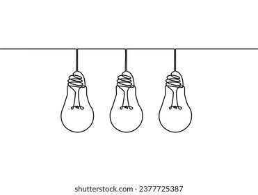 Three Hanging extinct light bulbs with knot tangled cable and one glowing with straight cord. Concept of idea and choosing successful idea from many failed ones.