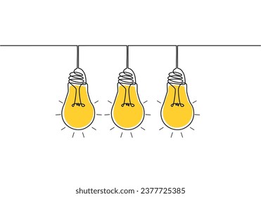 Three Hanging extinct yellow light bulbs with knot tangled cable and one glowing with straight cord. Concept of idea and choosing successful idea from many failed ones.