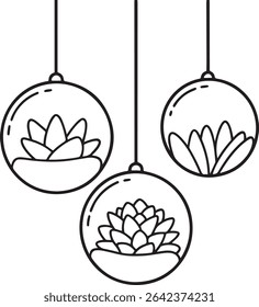 Three hanging glass terrariums, each containing a unique succulent plant.  Simple line art illustration, perfect for home decor, plant lover designs, or botanical themes.