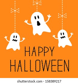 Three hanging Halloween ghosts. Card. Vector illustration