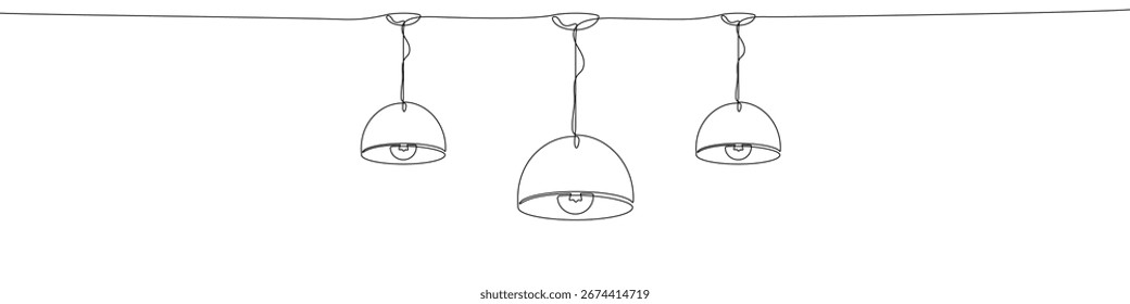 Three hanging lamps in one line art style. Drawing of lamps with editable black stroke on white background. Vector illustration.
