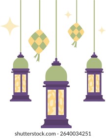 Three hanging lanterns and ketupat decorations with golden glow, ideal for Ramadan greeting templates, celebration posters, or Islamic ornament design.