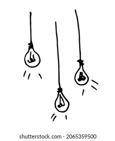 Tres bombillas colgantes dibujando doodles vectores