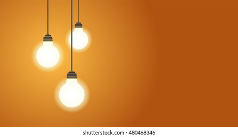 Three hanging light bulbs glowing on a yellow background. Place for your text. Vector illustration.