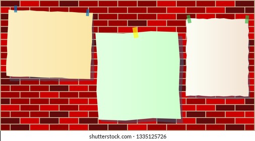 Three hanging multicolored paper sheets with copy space for your text on adhesive tape on a brick wall. Vector design template.