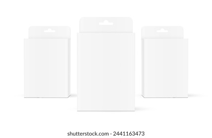 Three Hanging Packaging Boxes, Front View, Isolated On White Background. Vector Illustration