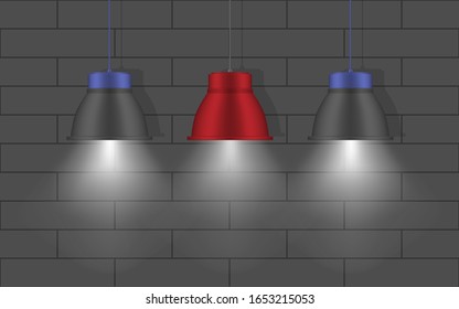 Three hanging pendant lamps near the wall. Modern interior lights. Chandeliers with metal lampshades. Gray, blue, red colors. Realistic vector illustration