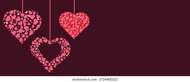 Three hanging pink hearts made of smaller hearts on dark purple background for valentines day or love concept
