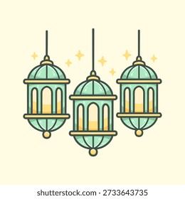 Tres linternas colgantes de Ramadán ilustración para el icono, etiqueta engomada y otros usos, Vector dibujado a mano