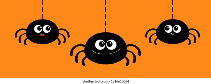 Three hanging spider icon set. Happy Halloween. Dash line web. Cute cartoon kawaii kids baby animal character. Black silhouette. Funny smiling insect. Flat design Orange background Vector illustration