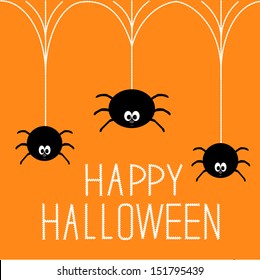 Three hanging spiders. Happy Halloween card. Vector illustration.