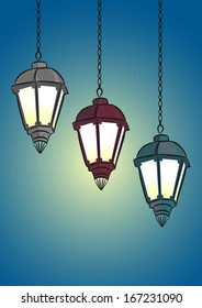 three hanging street lantern