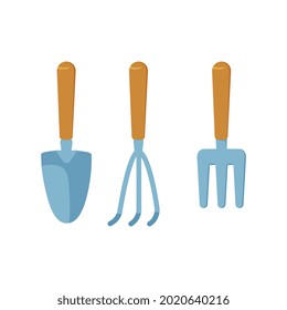 Drei hängende Werkzeuge für Gartenarbeit, einzelne Vektorgrafik