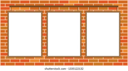 Three hanging white paper sheets with blank space for your text on a brick wall vector design template mock up