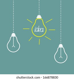 Three hanging yellow light bulbs. Idea concept. Vector illustration.