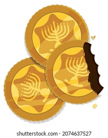 Three Hanukkah gelt -chocolate coins- decorated with David's Star and hanukkiah silhouettes, with one opened and other with bite mark.