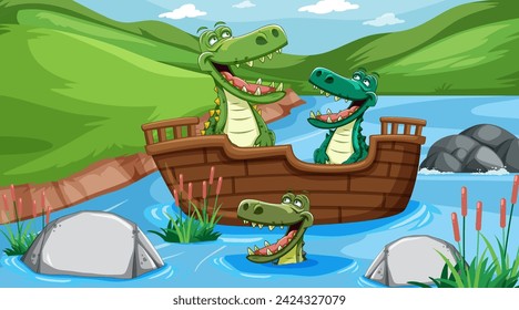 Three happy alligators sailing on a wooden boat