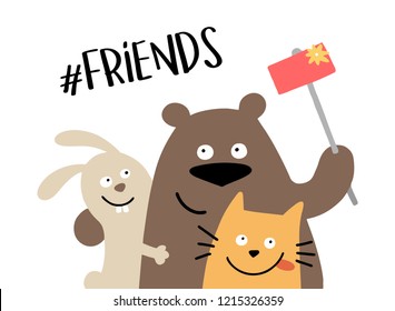 Three happy animal friends makes the selfie with smartphone. Friends forever illustration cartoon vector poster