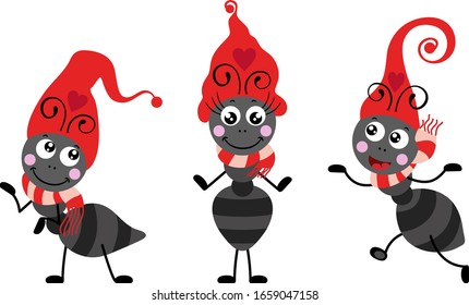 Tres hormigas felices con sombrero rojo y pañuelo a rayas

