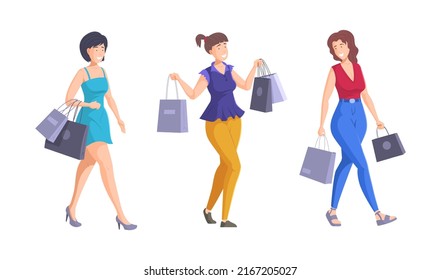 Mujer De Compras Con Bolsas En Vector Boutique De Marca. Compra