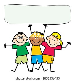 Three happy boys with banner, vector illustration