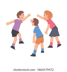 Three Happy Boys Giving High Five, Cheerful Friends Characters Meeting, Happiness, Agreement or Joy Expression Cartoon Style Vector Illustration