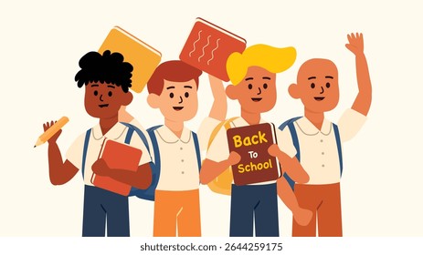 Three happy boys holding books and raising hands with joyful expressions