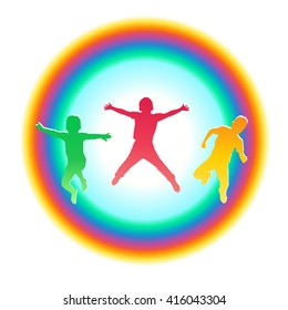 Three happy boys jumping in a rainbow circle. Abstract composition. Colorful silhouettes of group children. Vector illustration.