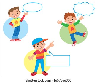 three happy boys talking and pointing.