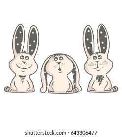Three Happy Bunnies. Vector illustration