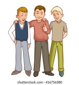 Three happy cartoon boys who support each other, vector image, eps10