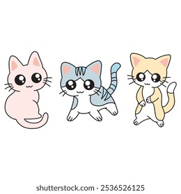 Three Happy Cartoon Cats in Different Poses – Illustration for Kids