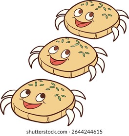 Três bolos felizes em forma de caranguejo.