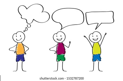 Three happy cartoon stickmen with empty speech bubbles, flat design.