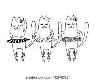 Three happy cats - ballet dancers. Funny ballerinas in pointe shoes and tutu. Abstract isolated illustration on white. Hand drawn vector black and white illustration. Cartoon, doodle.